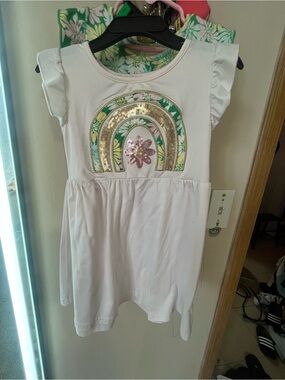 Set of 2 girls Btween dresses Pink with Gold Sequin rainbow and green floral